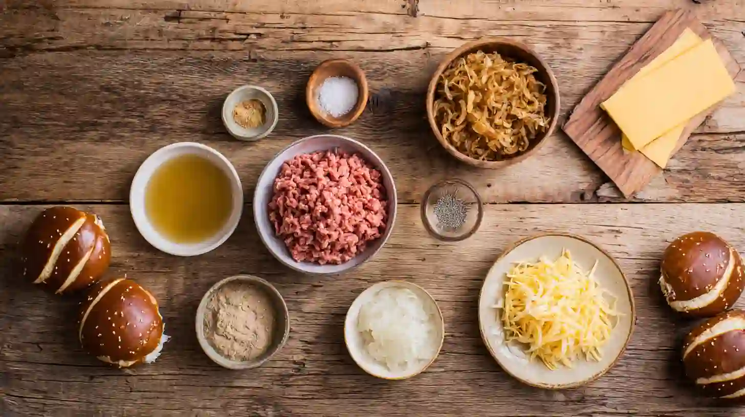 Flat-lay of maple mustard chicken burger ingredients: ground chicken, spices, Dijon mustard, maple syrup, Swiss cheese, sauerkraut, crispy onions, and pretzel buns for an easy fall dinner recipe.