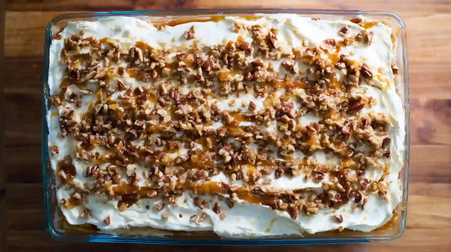 Close-up of layered Pecan Pie Lasagna topped with caramel, pecans, and whipped cream — creamy holiday dessert perfection for luxury Thanksgiving desserts and no-bake family recipes.