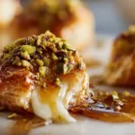 Close-up of Pistachio-Crusted Brie Bites with Fig Honey Glaze oozing melted cheese on a marble board.
