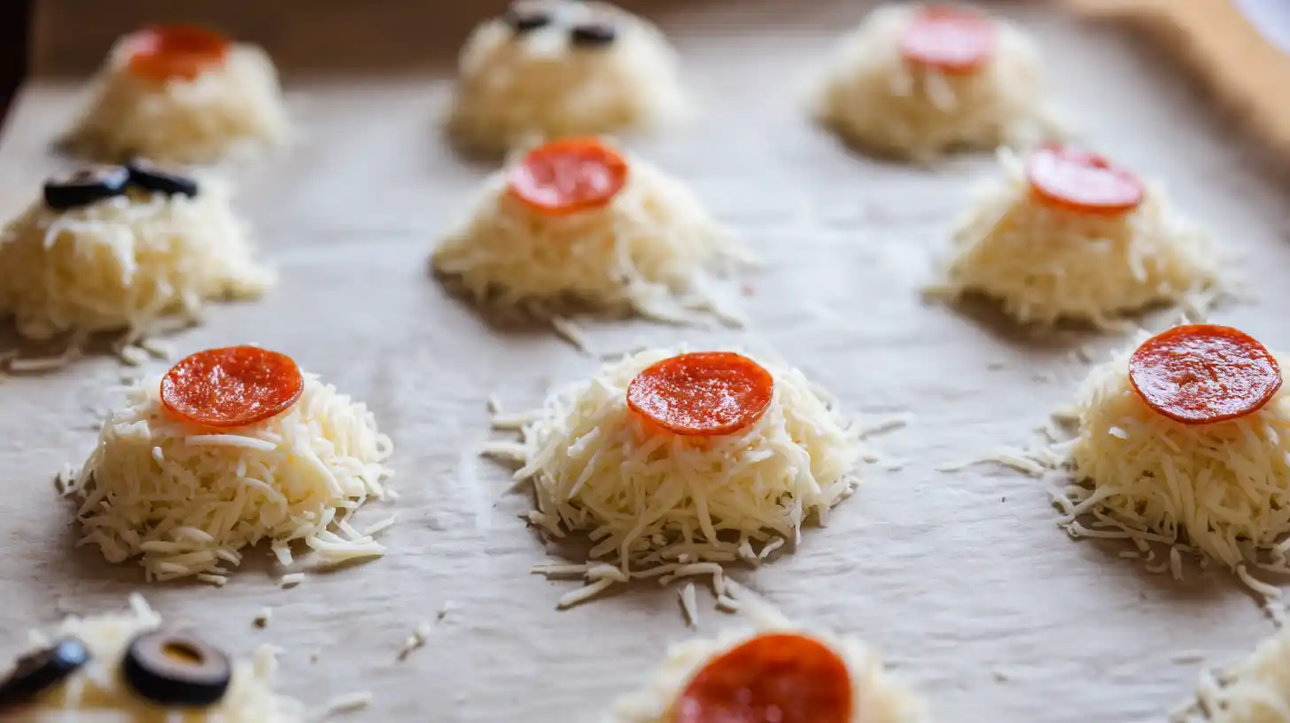 Pizza Chips Recipe – adding mini pepperoni and colorful toppings for crispy baked cheese chips and healthy high-protein snack ideas