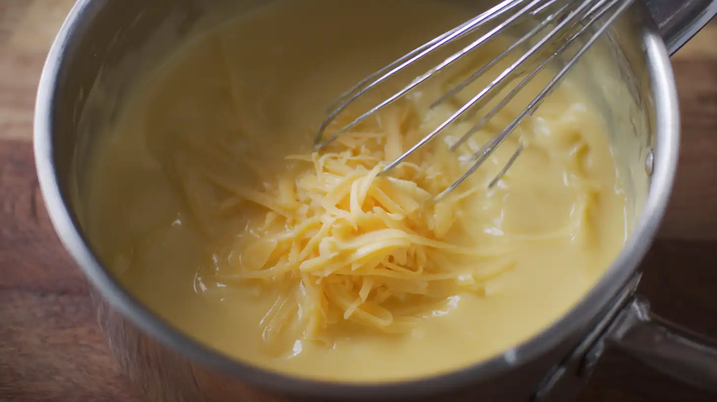 Preparing creamy cheddar sauce for Garlic Butter Steak Tips with Cheesy Shells – step-by-step family dinner recipe with melted cheese, butter, and milk.