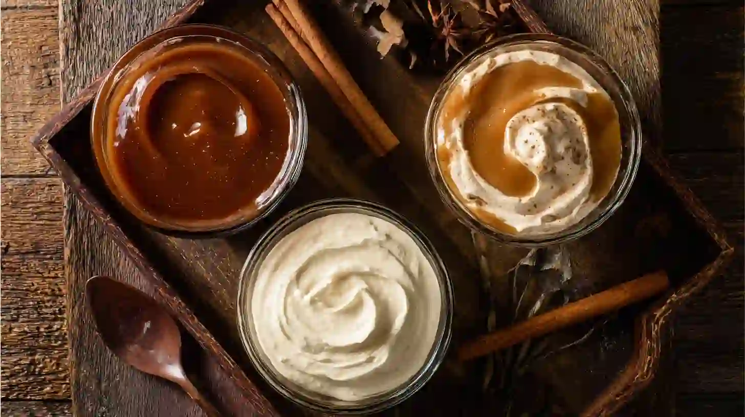 Pumpkin spice gooey cake toppings – caramel sauce, maple glaze, and cinnamon whipped cream for fall dessert recipes