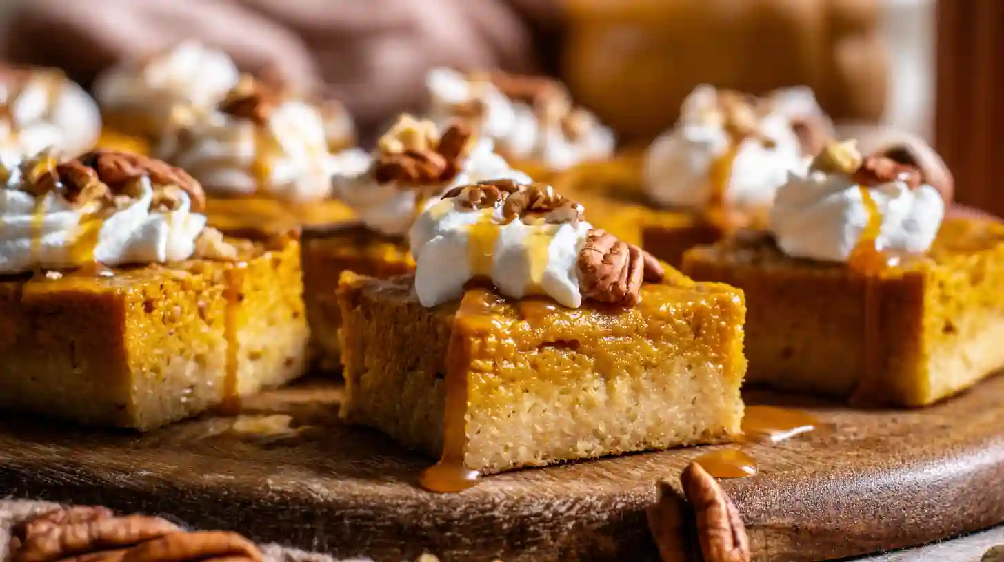 Pumpkin spice gooey cake squares topped with whipped cream and caramel – best fall dessert idea for family gatherings
