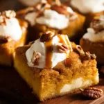 Close-up of a Pumpkin Spice Gooey Cake Recipe squares topped with whipped cream and caramel on brown wooden board– best fall dessert idea for family gatherings