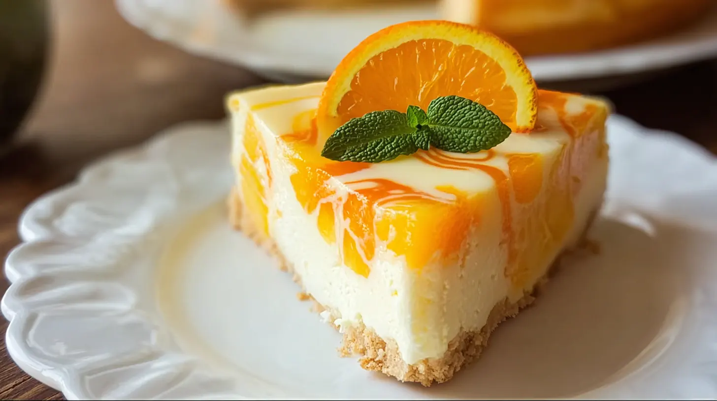 Refreshing Southern Orange Pineapple Cheesecake slice – best summer citrus dessert recipe and homemade holiday cheesecake idea.