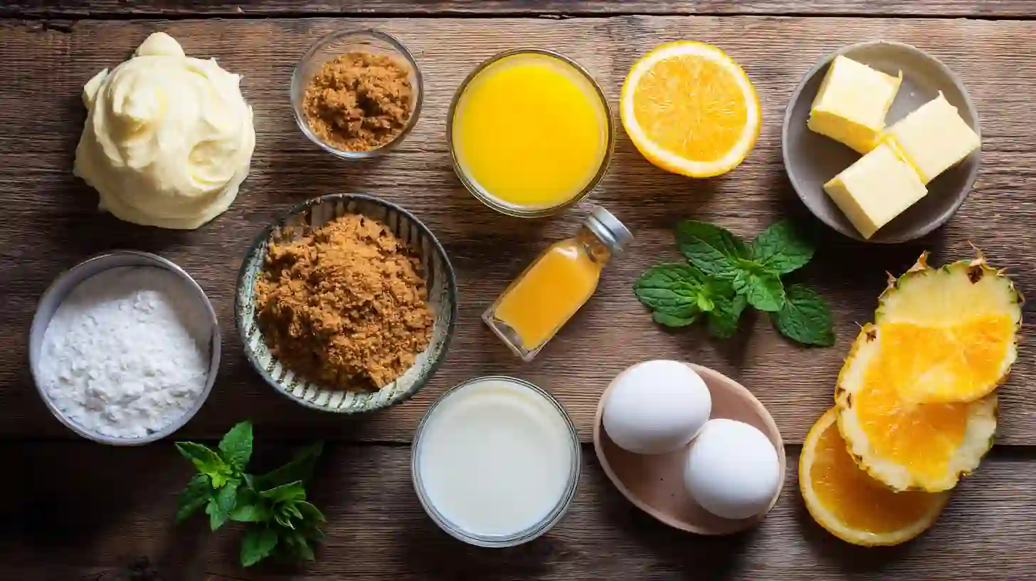 Southern Orange Pineapple Cheesecake ingredients – easy holiday dessert recipe setup with tropical citrus and creamy cheesecake base.