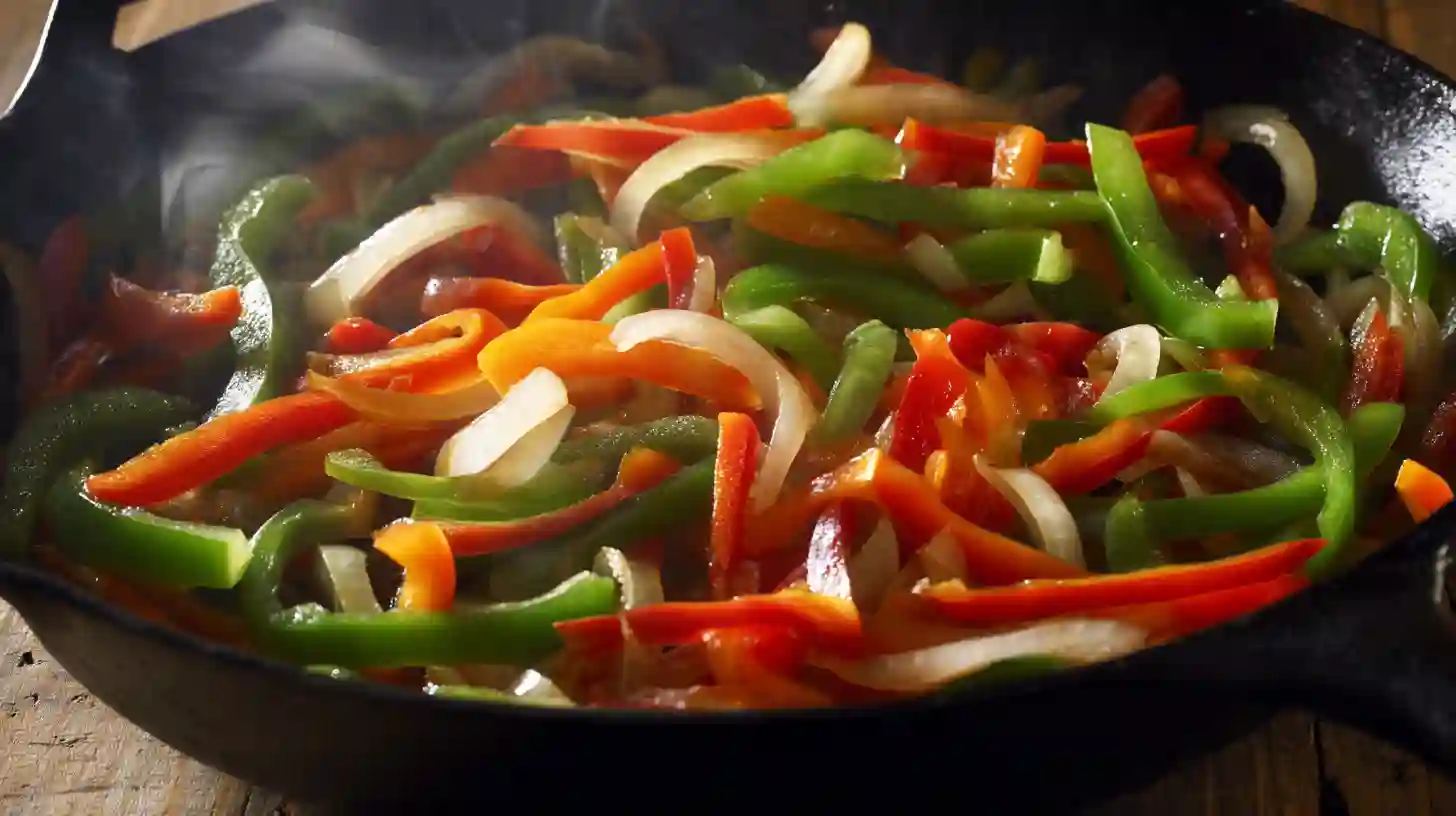 Sautéing colorful bell peppers and onions for Queso Chicken Fajita Skillet – easy Tex-Mex dinner recipe for quick weeknight meals.