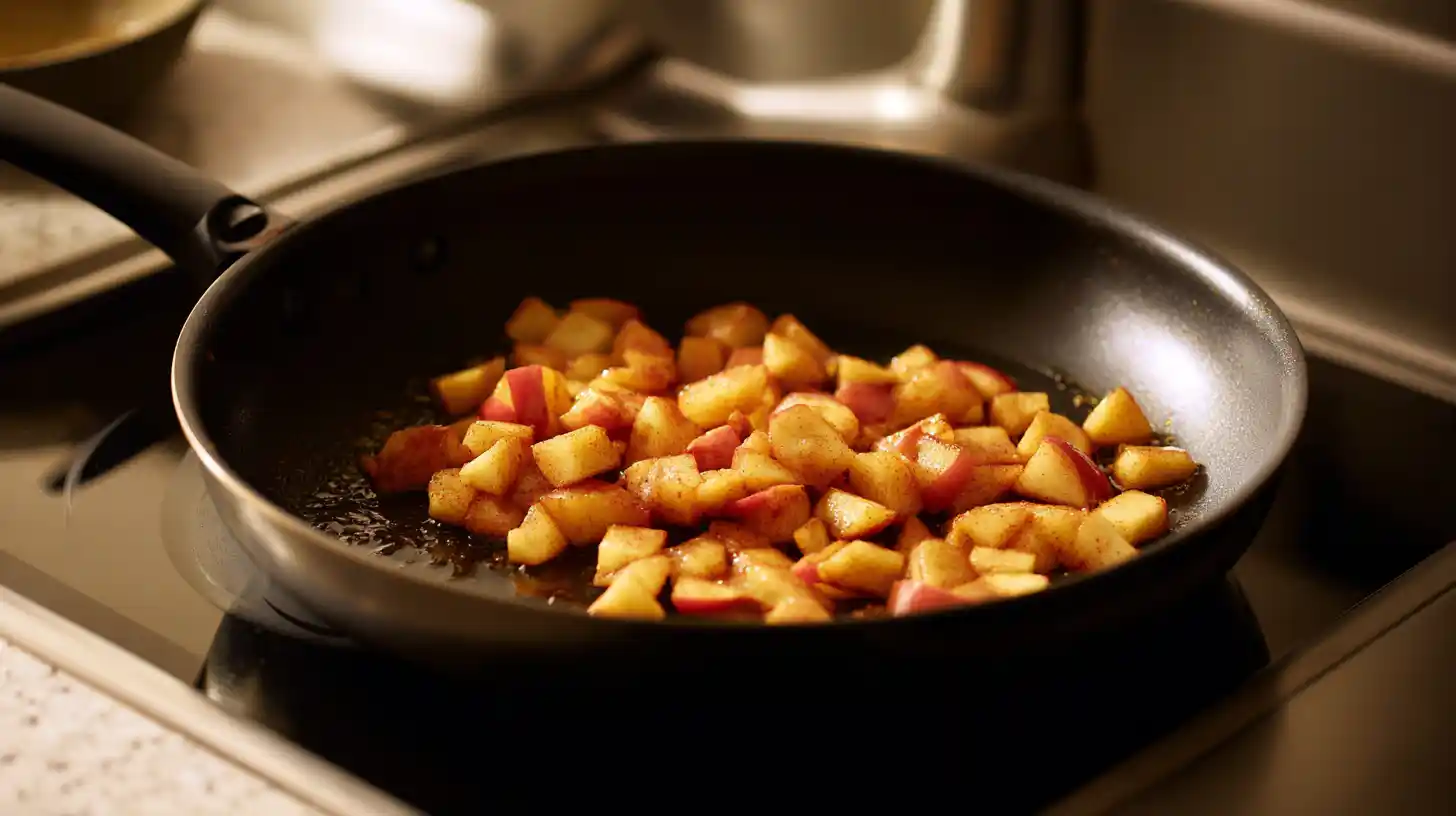 sauteed-apples-butter-cinnamon-dessert-step sautéing apples in butter, brown sugar, and cinnamon for quick fall apple caramel dessert with biscuit dough