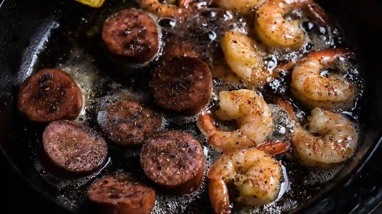 High-protein dinner toppings sizzling in skillet with sausage and shrimp for spicy ramen