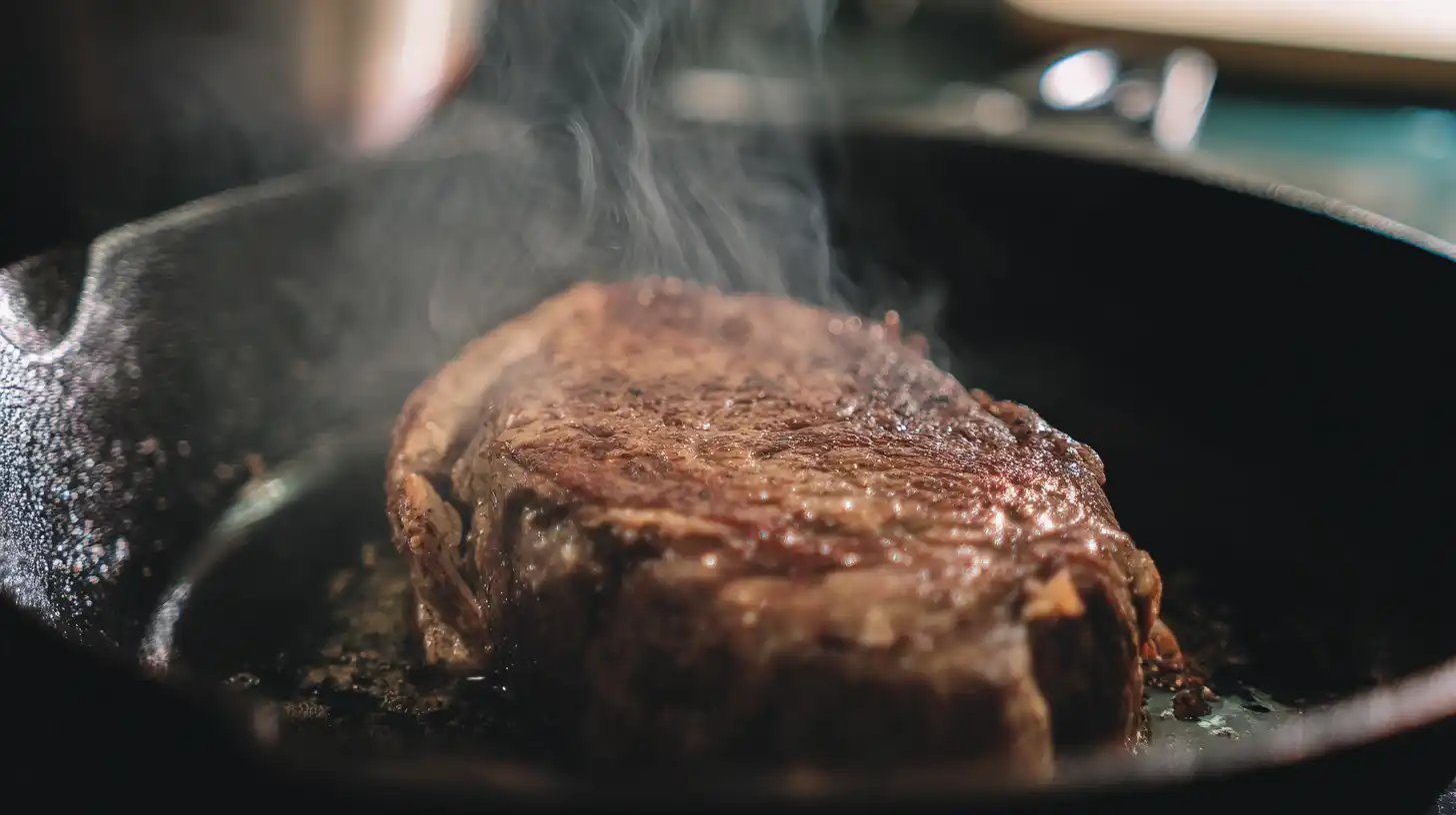 Searing steak in cast iron skillet for rich flavor – high-protein slow cooker meal base
