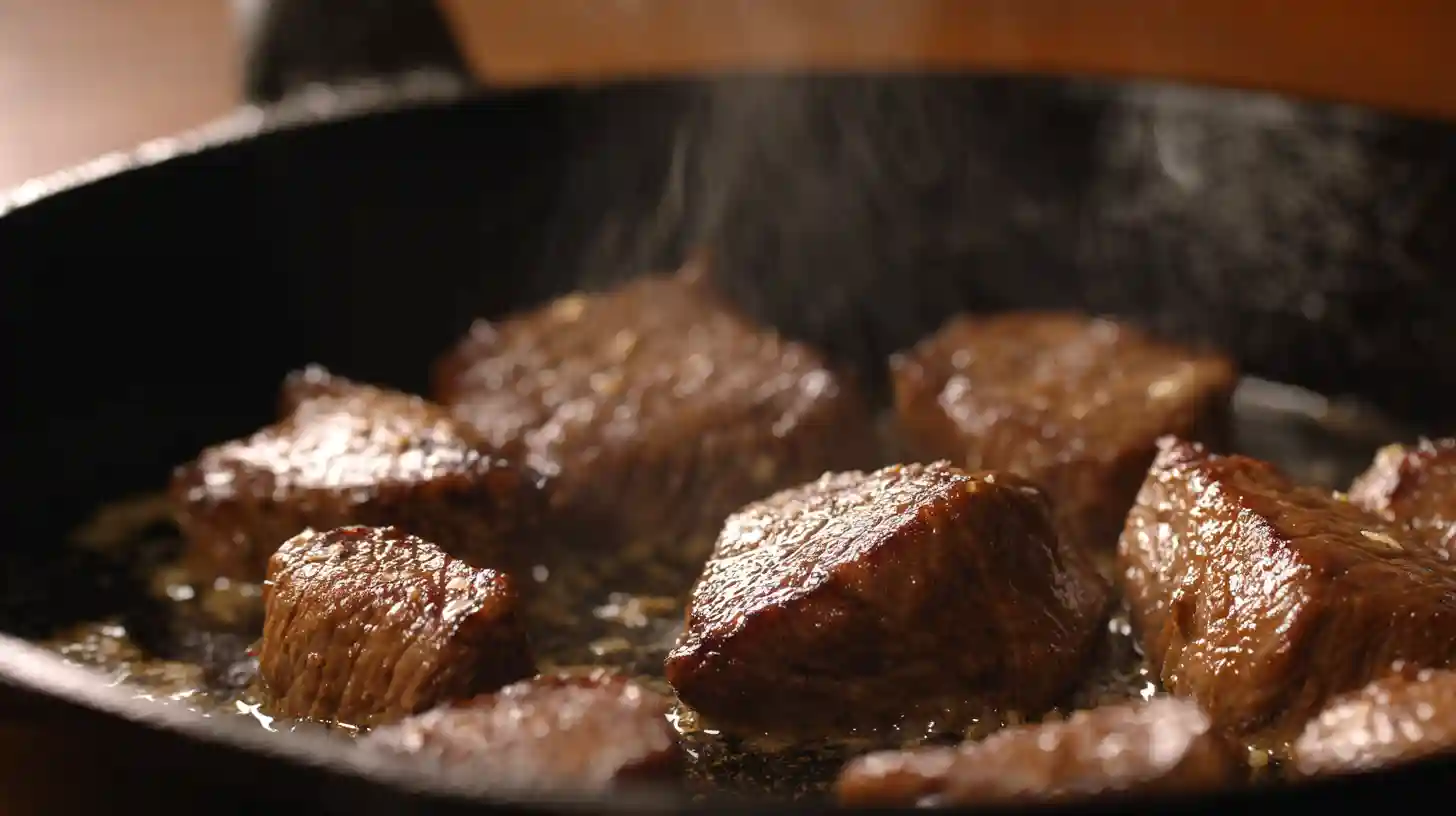 Searing steak tips in a hot skillet for Garlic Butter Steak Tips with Cheesy Shells – juicy, tender family steak dinner recipe with garlic butter flavor.