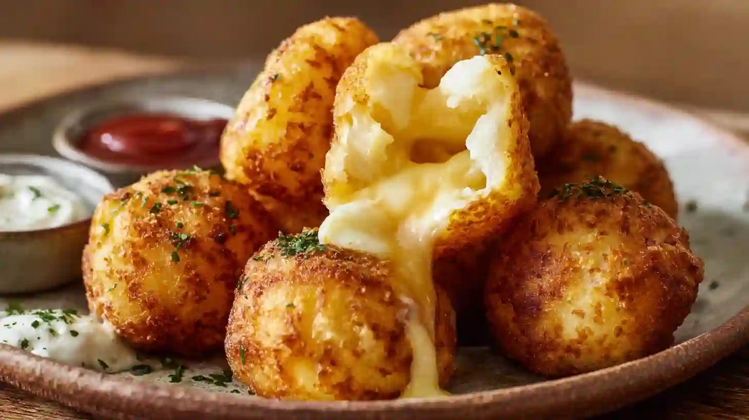 Hot crispy potato cheese bombs served with ketchup and sour cream for easy party appetizers and family snack ideas
