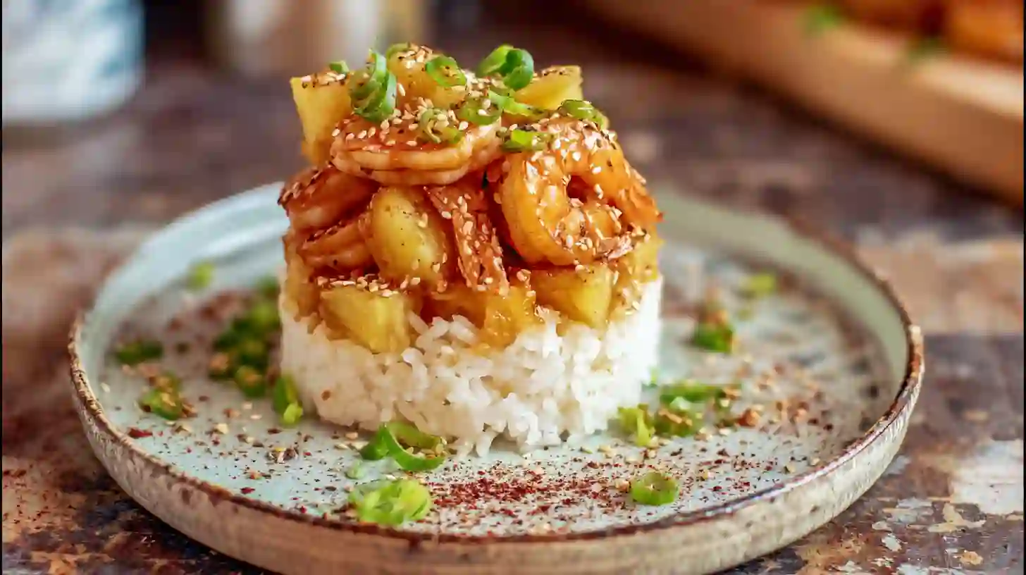 serve-teriyaki-shrimp-pineapple-rice-stack Serving Teriyaki Shrimp Pineapple Rice Stack with sesame seeds and ginger – family-friendly shrimp recipes for quick weeknight dinners
