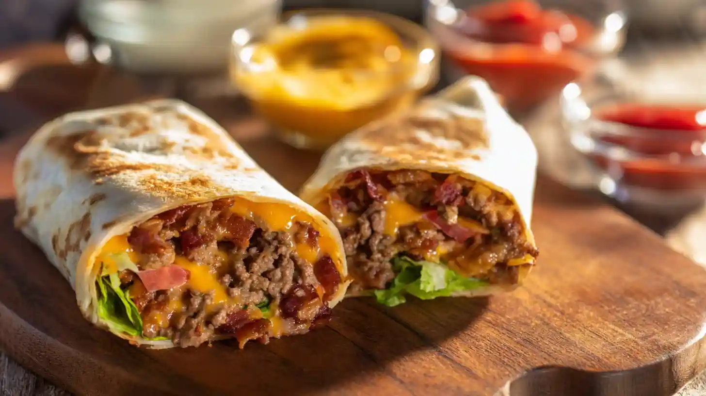 served-loaded-bacon-cheeseburger-burrito-with-sauces Served Loaded Bacon Cheeseburger Burrito – Easy Homemade Fast Food Dinner Recipe with Crispy Tortilla, Bacon, and Cheese