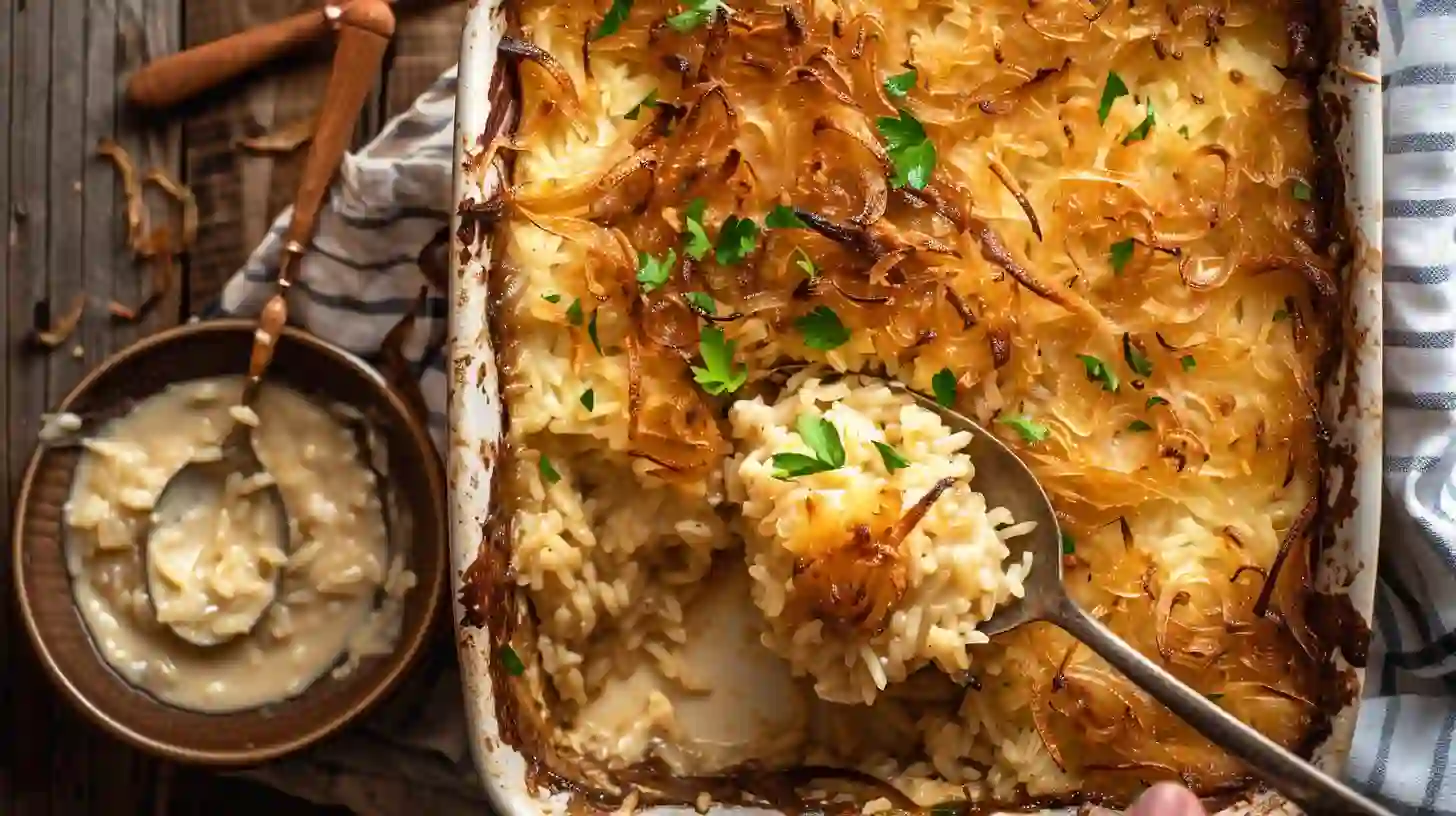 serving-hot-french-onion-chicken-rice-bake-step5 Hot cheesy French onion chicken rice bake with crispy topping, garnished with parsley for easy weeknight dinner