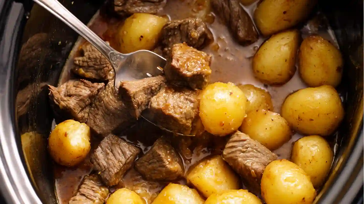 Fork-tender steak and potatoes in crockpot for easy weeknight crockpot meal prep