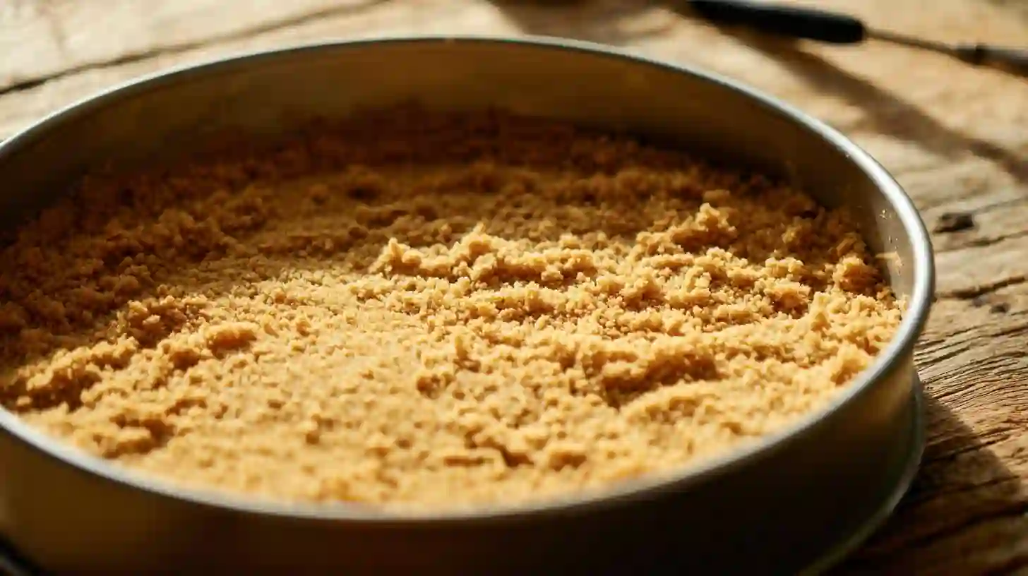 Southern Orange Pineapple Cheesecake crust base – easy holiday dessert recipe step for buttery graham cracker crust, perfect for tropical cheesecake.