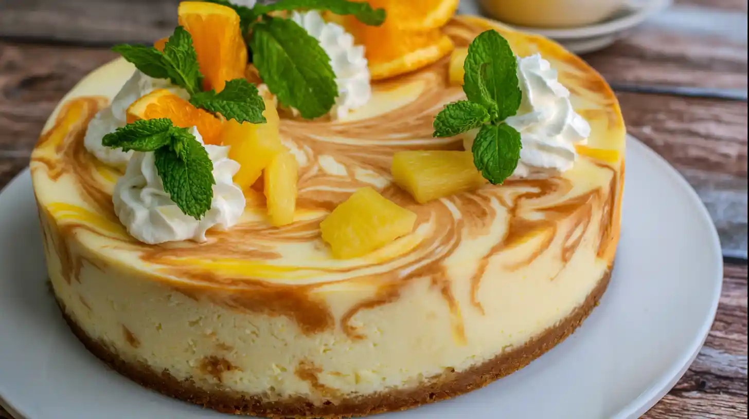 Southern Orange Pineapple Cheesecake garnish – refreshing summer dessert recipe topped with whipped cream, pineapple, orange slices, and mint for best holiday cheesecake.
