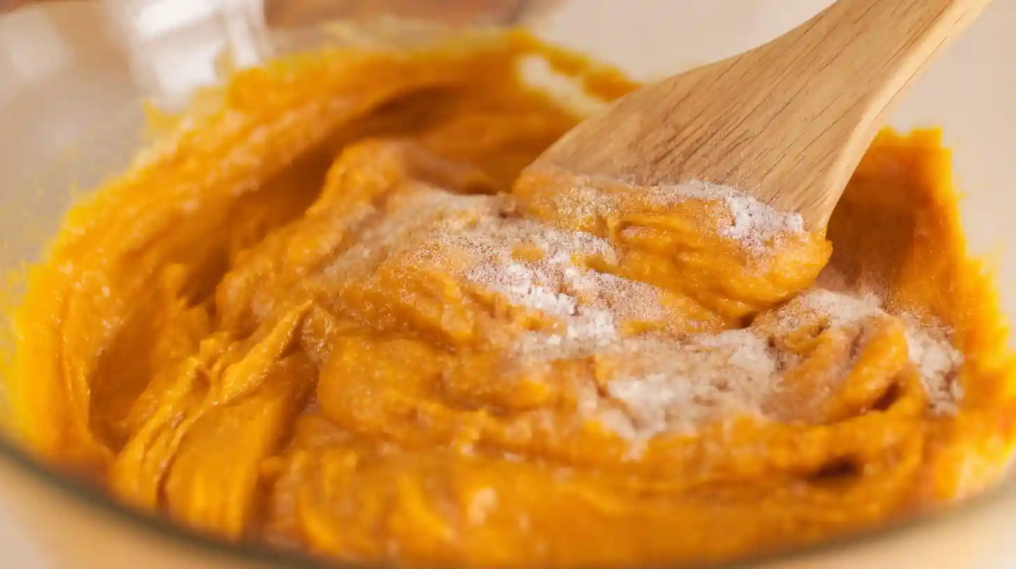 Spiced pumpkin cake batter with cinnamon, nutmeg, and powdered sugar – easy fall baking recipe for creamy pumpkin spice desserts