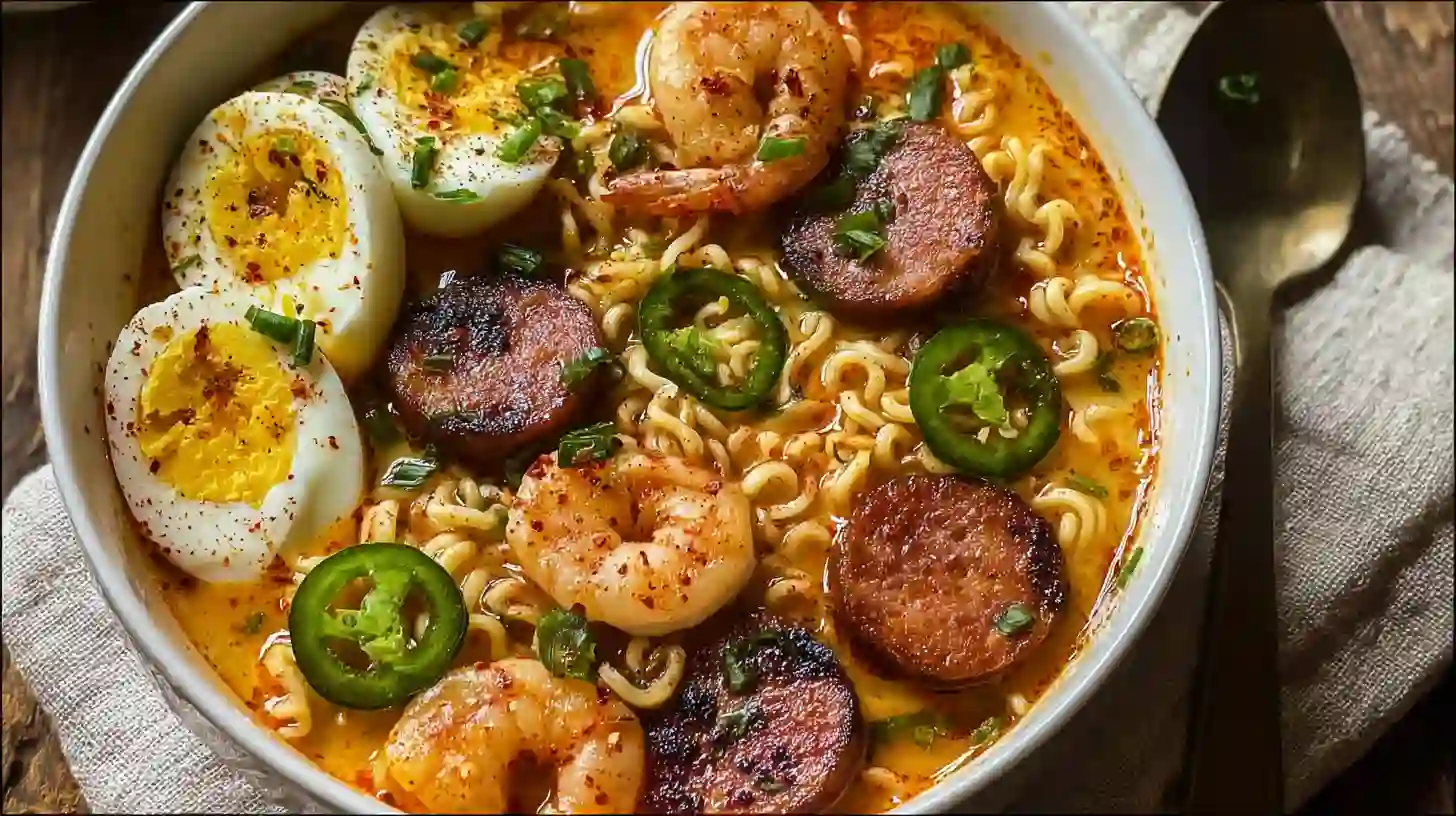 Spicy Jalapeño Cheddar Sausage and Shrimp Ramen: Bold, Creamy and So Easy