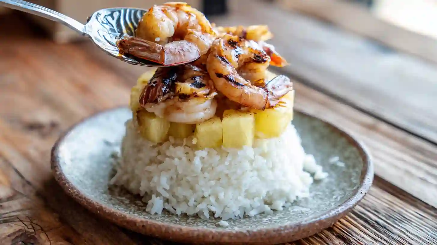 stack-rice-shrimp-pineapple-teriyaki Stacking rice, grilled shrimp, and pineapple chunks for Teriyaki Shrimp Pineapple Rice Stack – shrimp and rice healthy meals