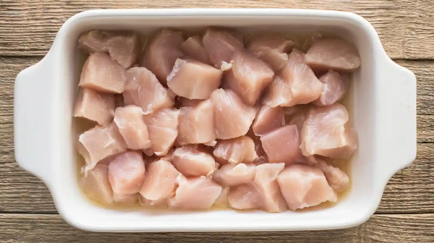 Step 1 of easy chicken casserole recipe showing cubed chicken layered in a greased baking dish for a quick family dinner