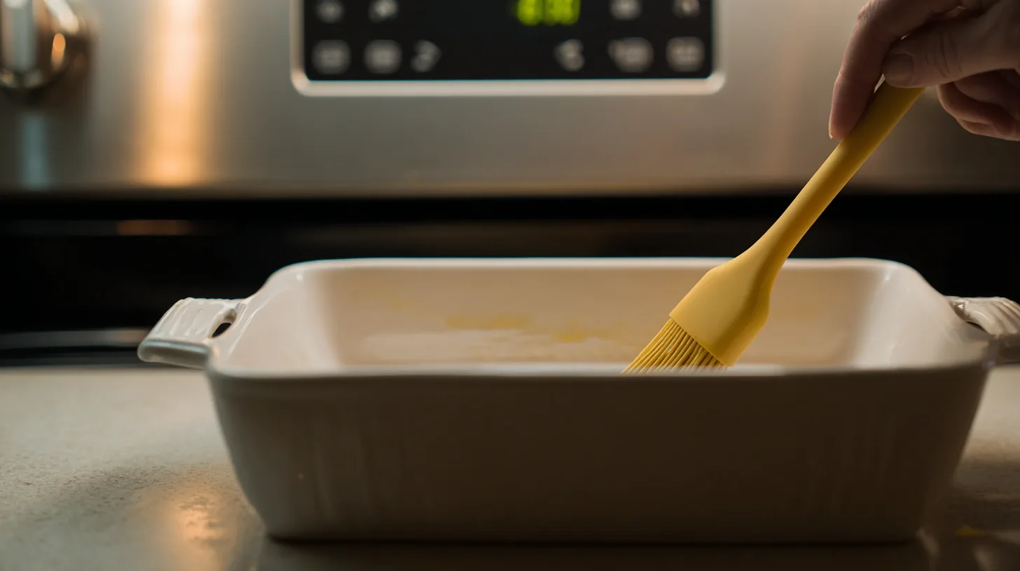 Greasing a baking dish before making churro cheesecake bars, the first step in easy dessert recipes and holiday baking ideas