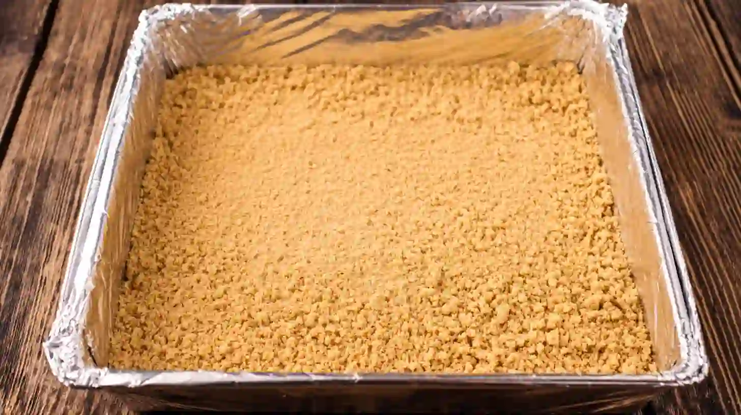 step-1-layer-graham-cracker-base-butterfinger-caramel-crunch-bars Step 1 layering graham cracker base for Butterfinger Caramel Crunch Bars easy no-bake dessert recipe