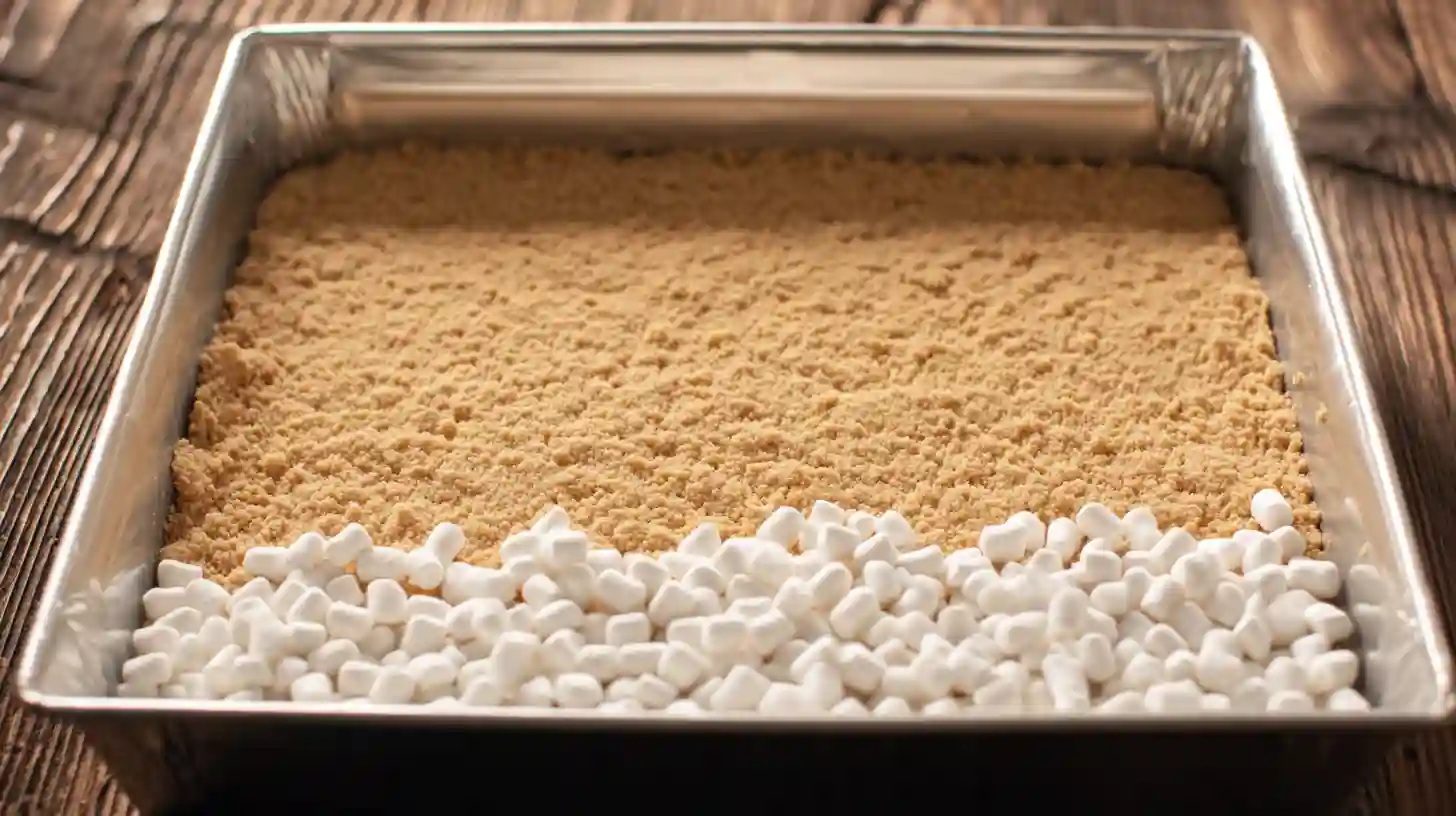 step-2-marshmallow-layer-butterfinger-caramel-crunch-bars Step 2 adding mini marshmallows on graham cracker crust for Butterfinger Caramel Crunch Bars easy no-bake dessert recipe