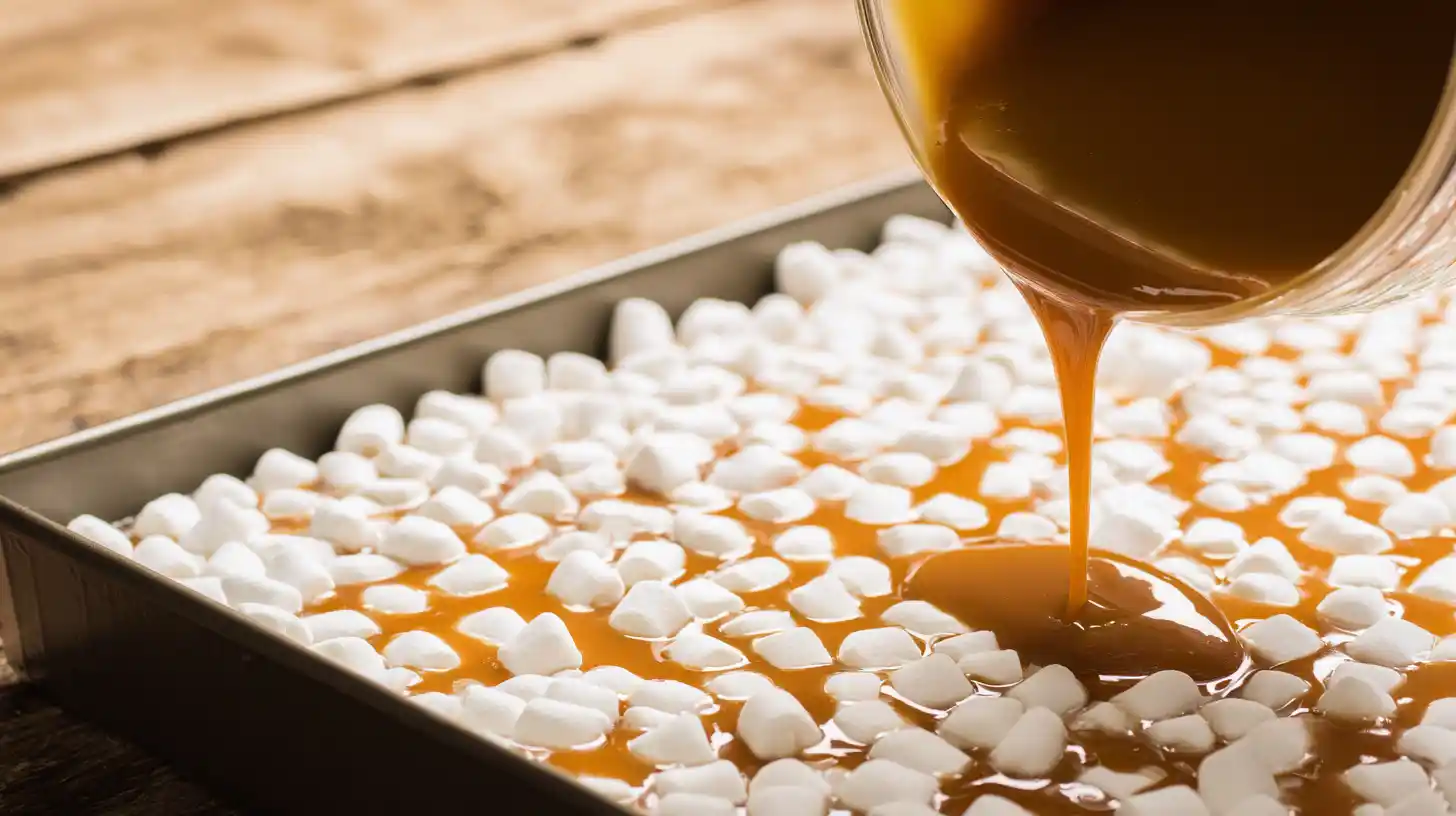step-3-pour-caramel-over-marshmallows-butterfinger-caramel-crunch-bars Step 3 pouring melted caramel over mini marshmallows for Butterfinger Caramel Crunch Bars easy holiday dessert recipe