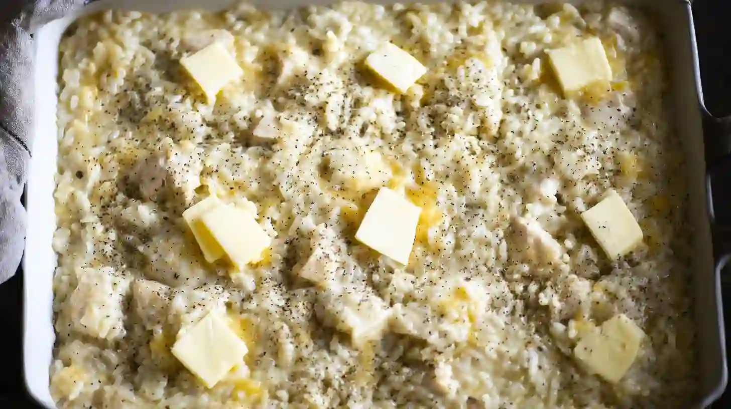 Step showing how to season creamy chicken and rice casserole with salt, pepper, and butter for a comfort food casserole and easy weeknight meal