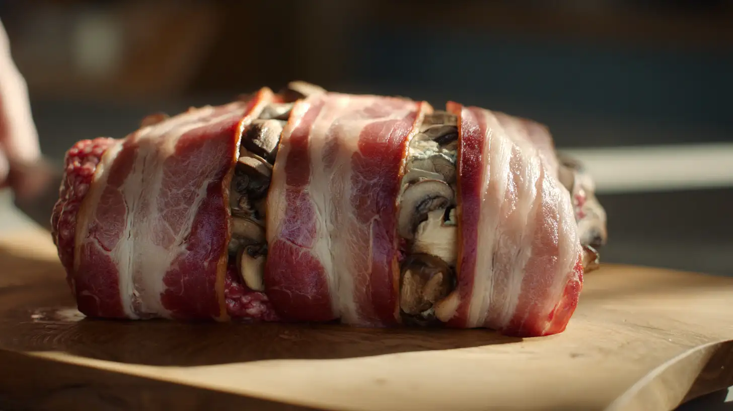 Step 3: Shape and build layers of high-protein beef meatloaf stuffed with mushrooms and cream cheese, wrapped in bacon for a quick family dinner idea