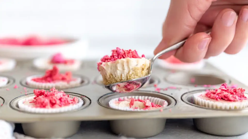 Topping mini no bake cheesecake bites with freeze-dried strawberries and crispy rice cereal for a high-protein, easy holiday dessert. A simple, creamy strawberry cream cheese dessert perfect for parties.