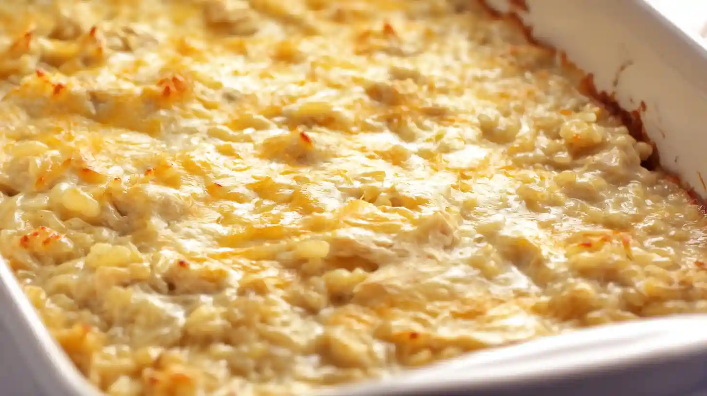 Golden chicken and rice casserole baked to bubbling perfection for a comfort food casserole and easy family dinner