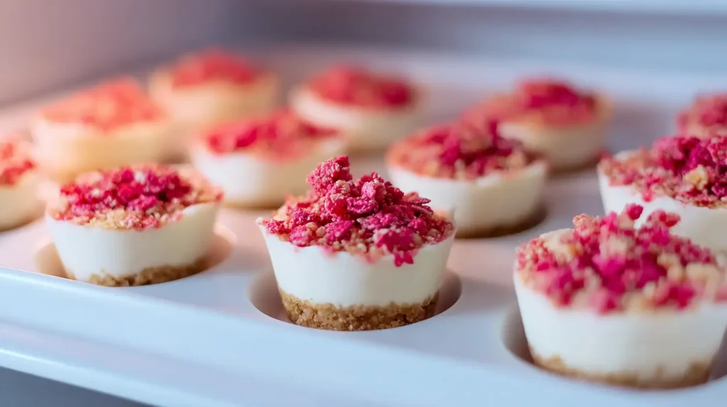 Chilling mini no bake strawberry cheesecake bites in fridge for easy cream cheese dessert that sets perfectly before serving