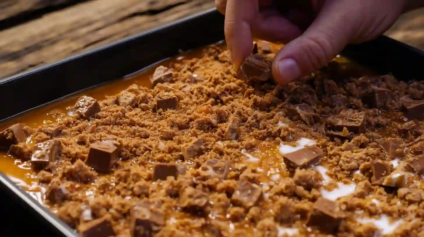 step-4-press-butterfinger-into-caramel-layer-butterfinger-caramel-crunch-bars Step 4 pressing chopped Butterfinger bites into caramel layer for Butterfinger Caramel Crunch Bars easy no-bake dessert recipe
