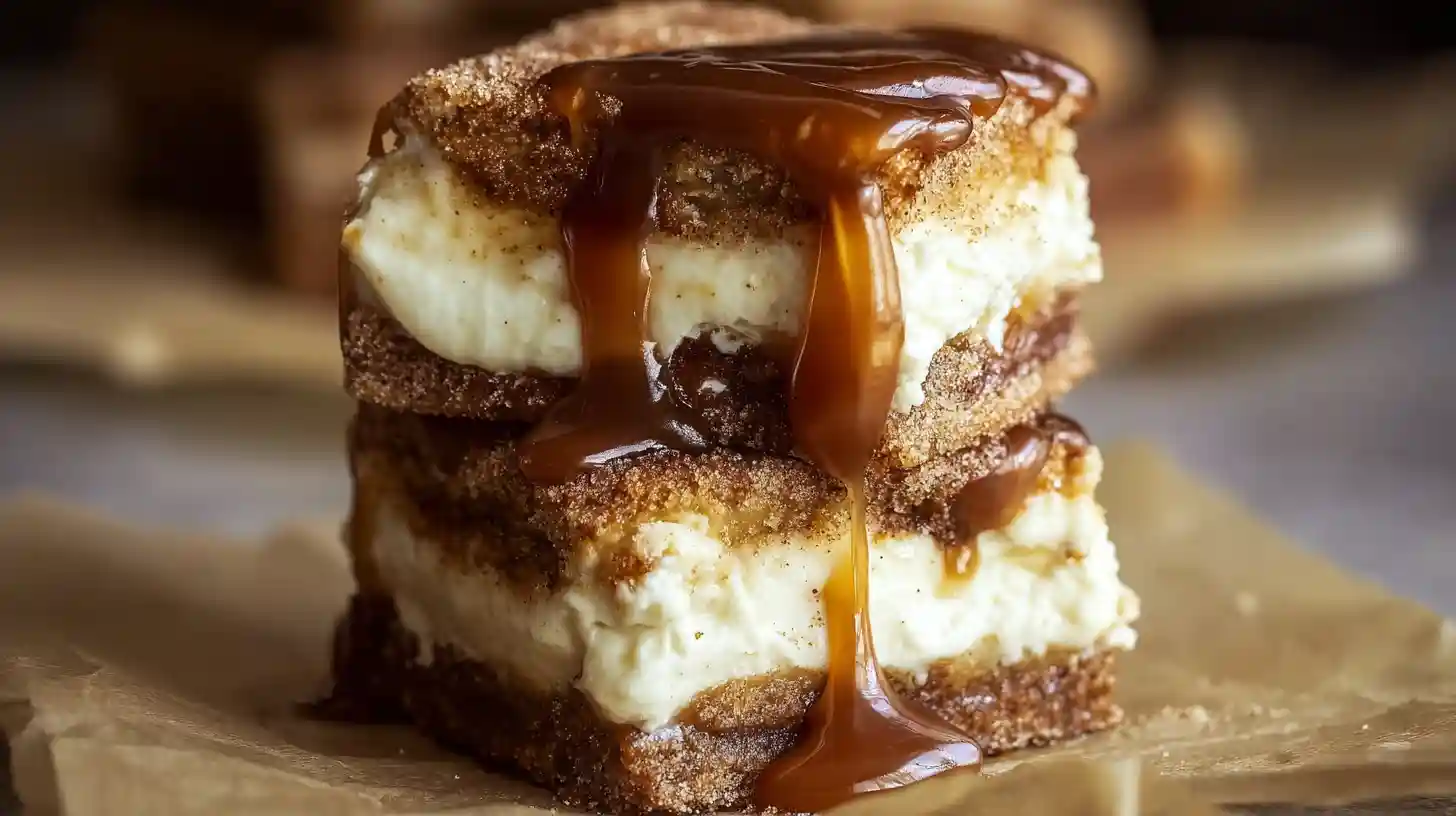 Sprinkling cinnamon sugar on churro cheesecake bars – a final touch for cinnamon sugar dessert bars and easy churro topping recipes