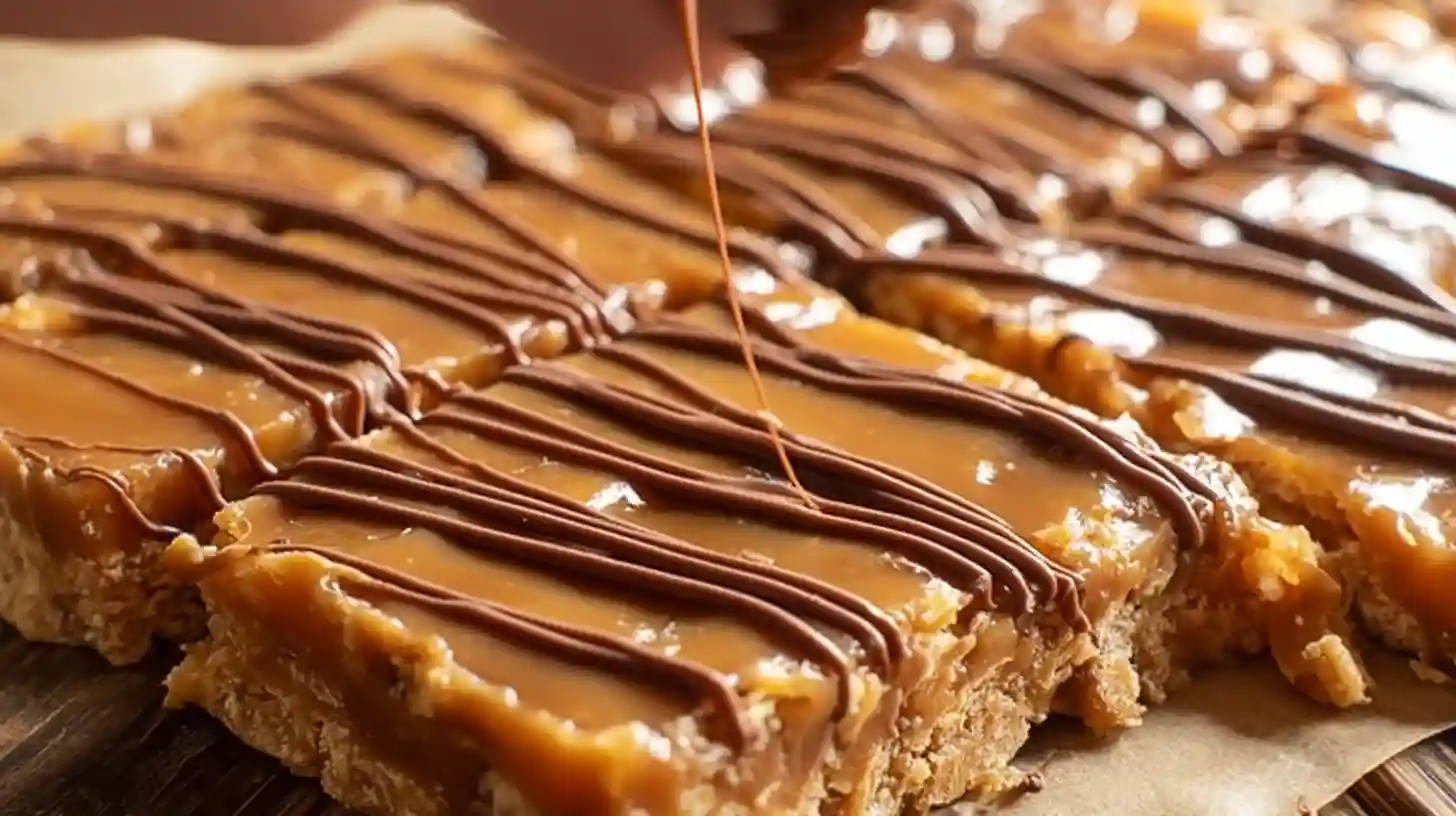 step-5-drizzle-chocolate-over-chilled-butterfinger-caramel-crunch-bars Step 5 drizzle melted chocolate over chilled Butterfinger Caramel Crunch Bars easy no-bake dessert recipe