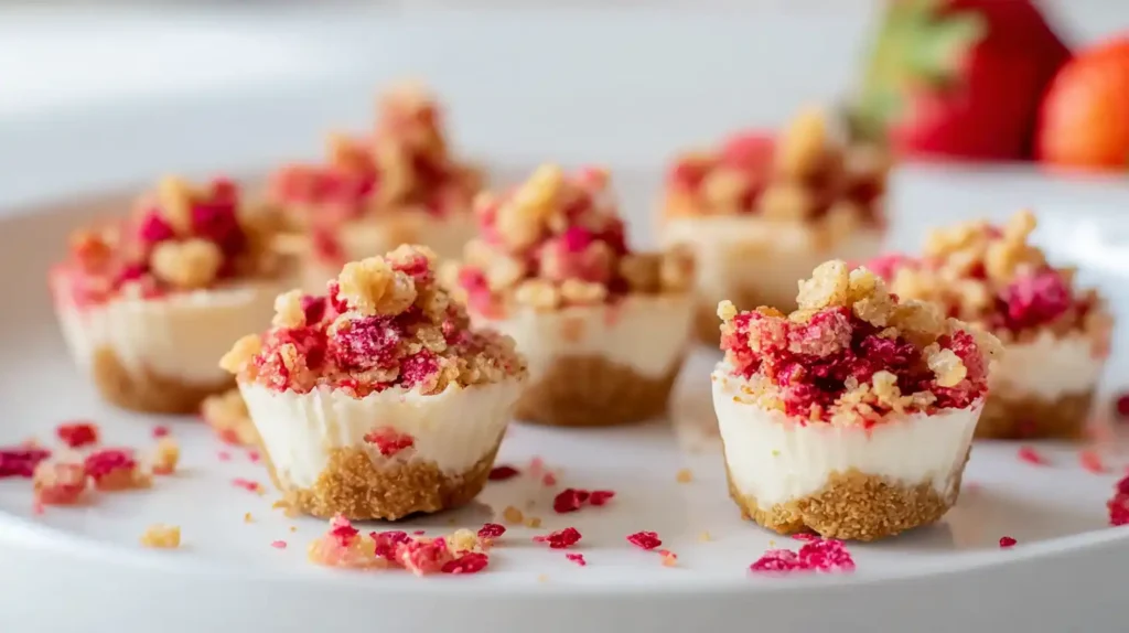 Serving mini strawberry cream cheese cheesecake bites with extra crunch and berries for easy no bake dessert ideas and kids’ party treats
