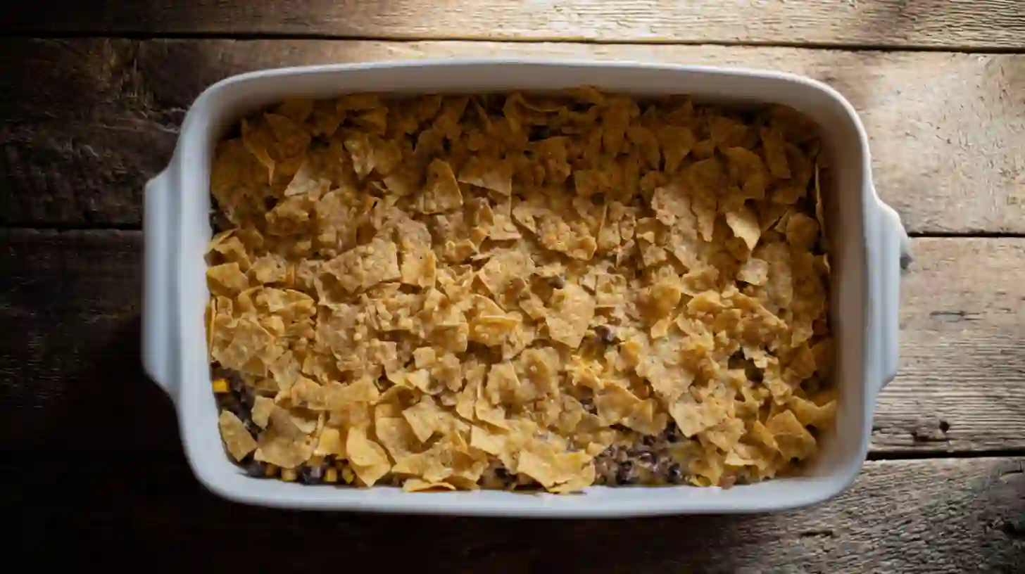 step1-build-base-tortilla-chip-layer-mexican-white-trash-casserole Close-up of crushed tortilla chips layered in a baking dish to form the crunchy base of a Mexican White Trash Casserole, perfect for easy Mexican casserole recipes and budget-friendly family dinners.