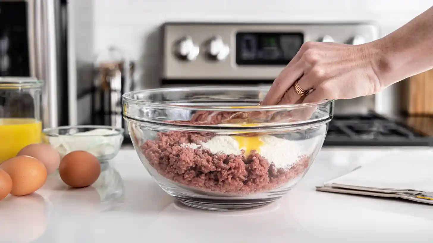 Healthy high-protein beef meatloaf prep with ground beef, eggs, and coconut flour — quick family dinner idea with gluten-free ingredients.