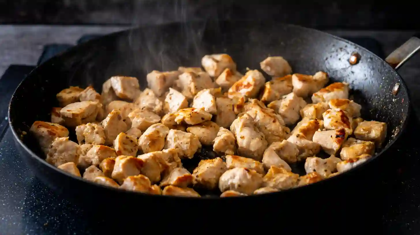 step1-searing-chicken-high-protein-crispy-garlic-fried-rice High Protein Crispy Garlic Chicken Fried Rice – golden seared chicken breast sizzling in olive oil for easy high protein recipes.
