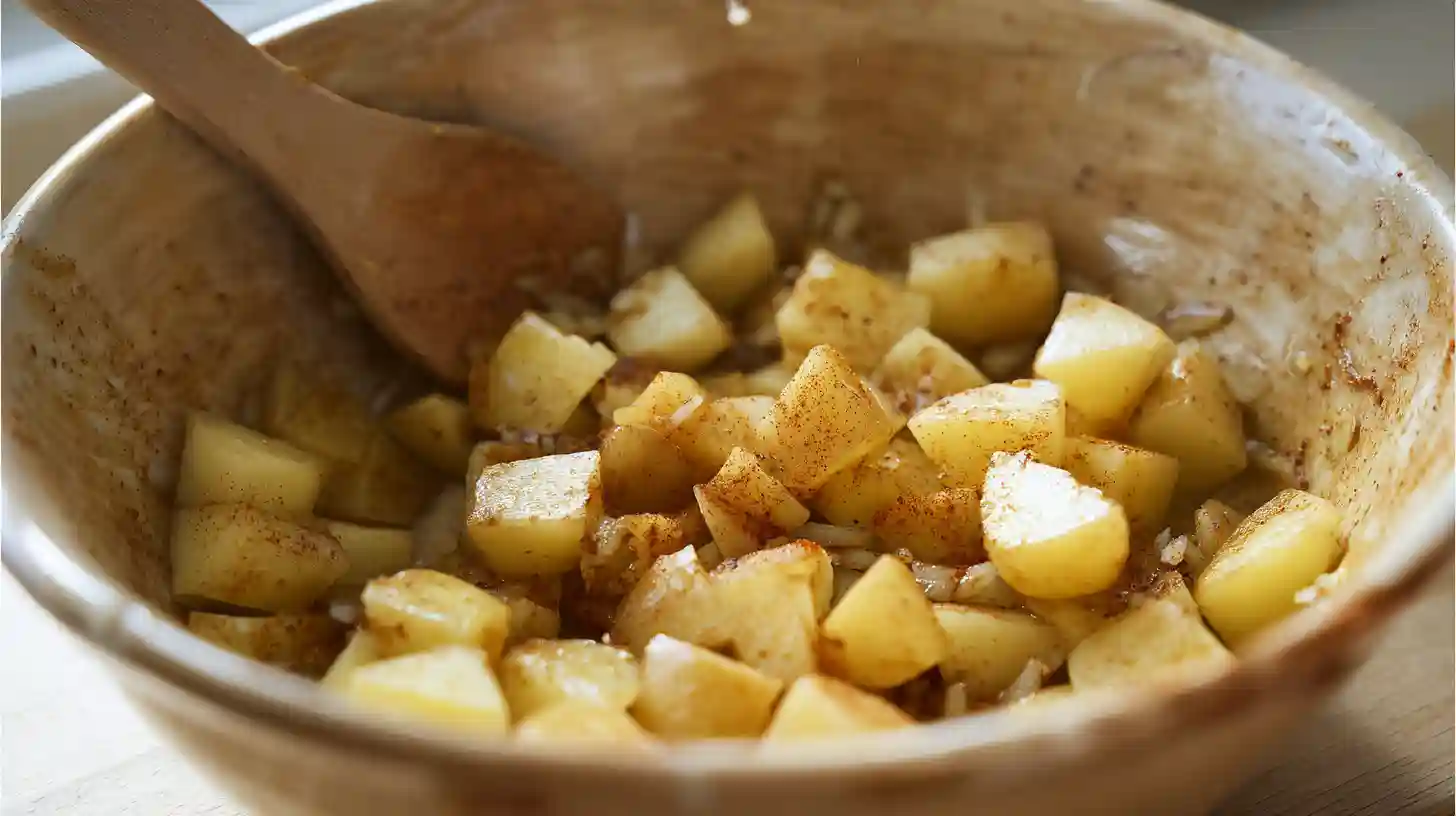 step1-tossing-potatoes-onions-breakfast-recipe Tossing potatoes and onions in olive oil and spices for easy breakfast recipes with potatoes