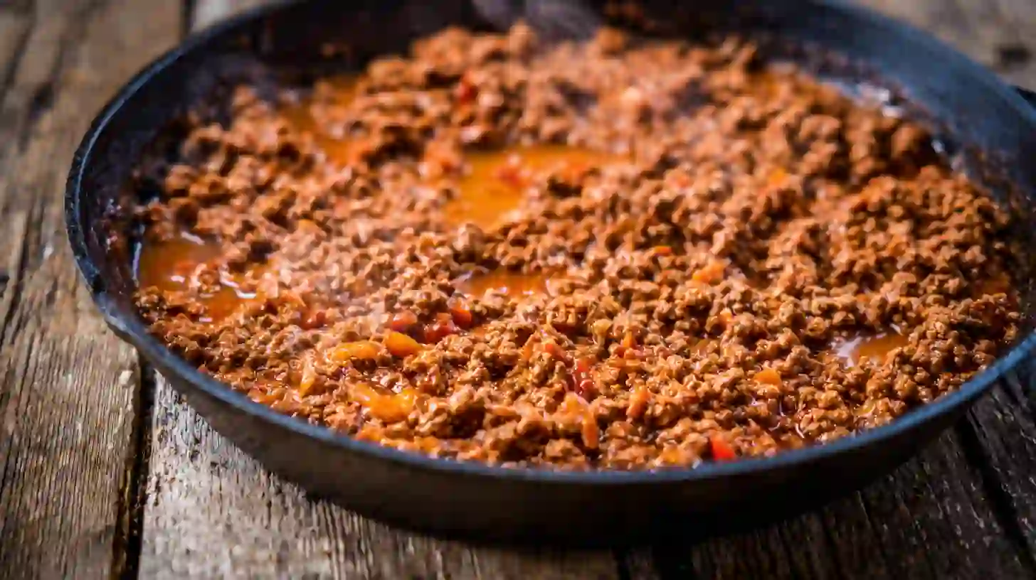 step2-brown-season-beef-taco-mixture-mexican-white-trash-casserole Close-up of taco-seasoned ground beef simmering with salsa in a skillet for a creamy cheesy Mexican casserole bake — an easy Mexican dinner and family comfort food favorite.