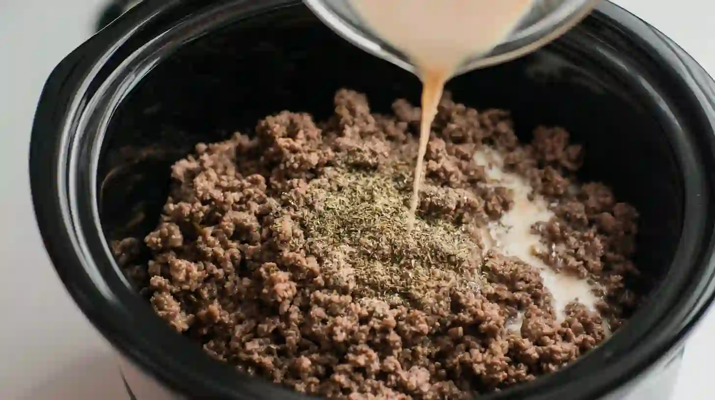 Slow cooker filled with ground beef, ranch mix, and creamy mushroom soup for an easy comfort food crockpot recipe and family-friendly weeknight dinner