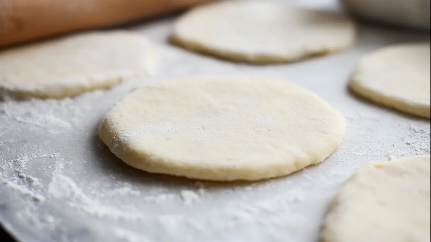 step2-flattening-biscuit-dough-dessert-bombs Flattening biscuit dough for deep fried cheesecake balls and easy dessert snacks for parties.