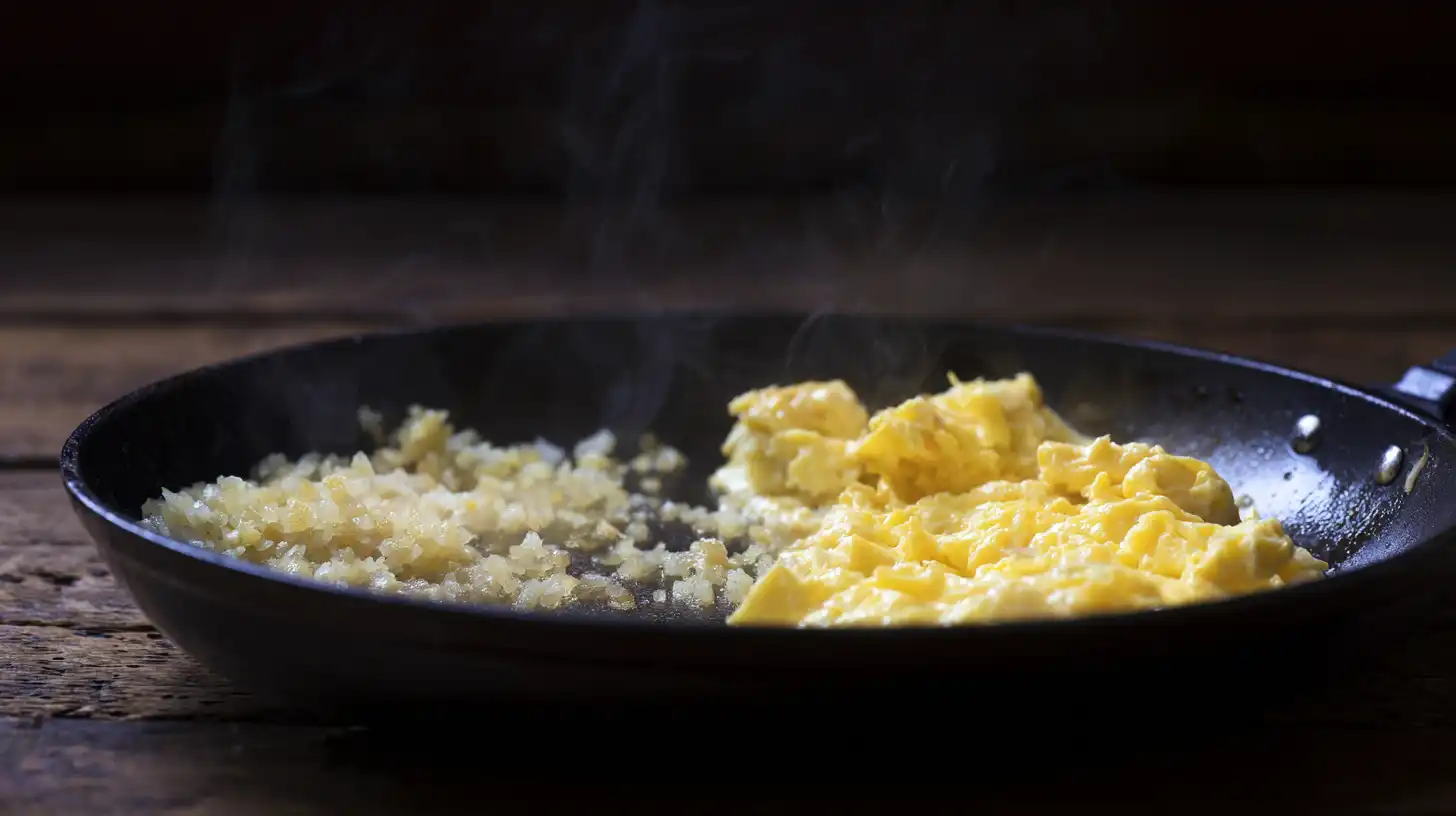 step2-garlic-eggs-high-protein-crispy-garlic-fried-rice High Protein Crispy Garlic Chicken Fried Rice – garlic sizzling and eggs scrambling in skillet for easy high protein recipes.