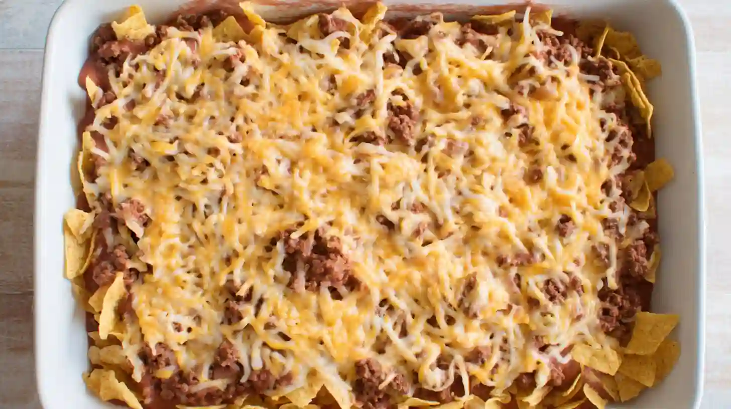 step3-layer-beans-beef-cheese-mexican-white-trash-casserole Close-up of creamy refried beans, taco-seasoned beef, and melted cheese layered in a baking dish for a creamy Tex-Mex casserole — an easy layered dinner bake perfect for family comfort food nights.