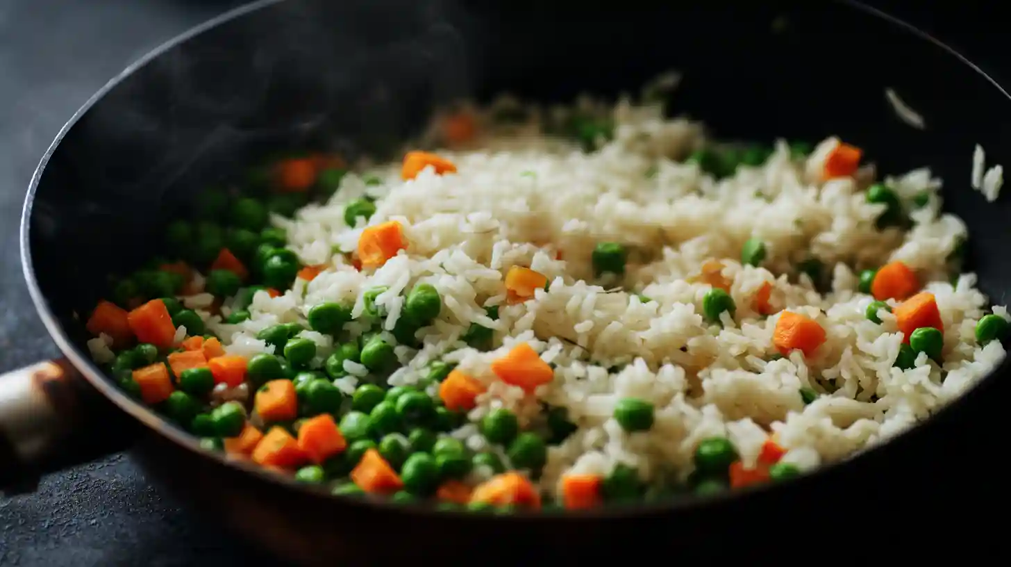 step3-rice-veggies-high-protein-crispy-garlic-fried-rice High Protein Crispy Garlic Chicken Fried Rice – cold rice, peas, and carrots sizzling in skillet for easy high protein recipes.