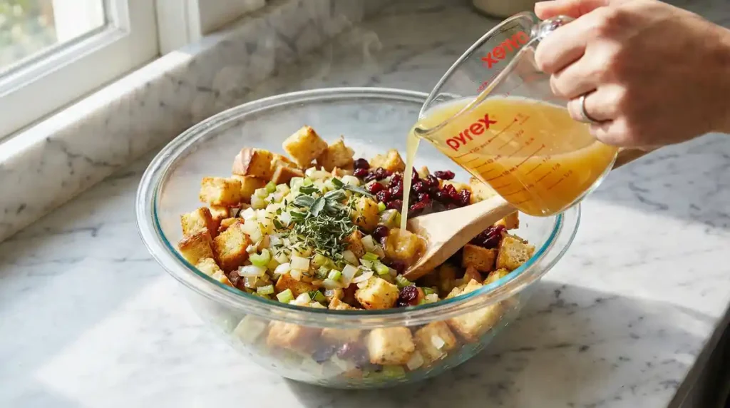 Combining toasted bread cubes with sautéed vegetables and turkey broth for moist Thanksgiving stuffing recipe